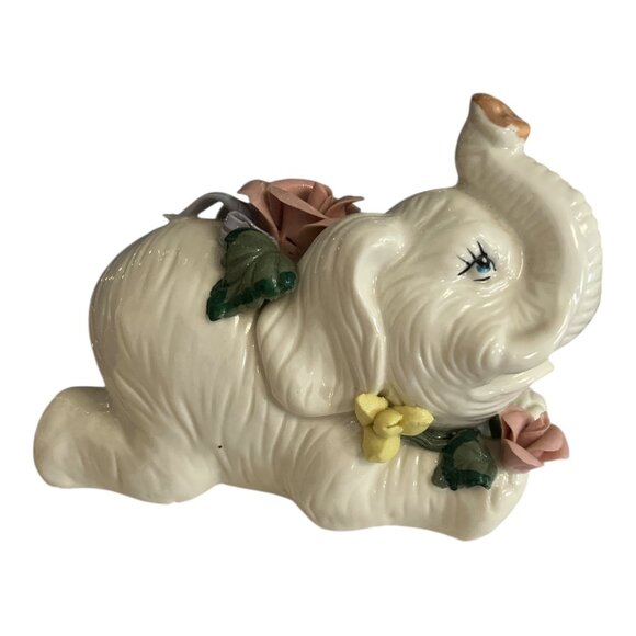Vintage Ceramic Elephant Figurine with Floral Accents – Trunk Up for Good Luck - Picture 2 of 5